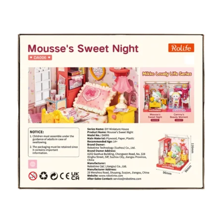 Packaging for Mousse's Sweet Night DIY miniature house set, showing a pink dollhouse interior and box art.