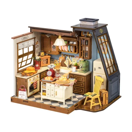 Miniature dollhouse kitchen scene with cabinets, stove, and checkered floor interior wall cutaway.