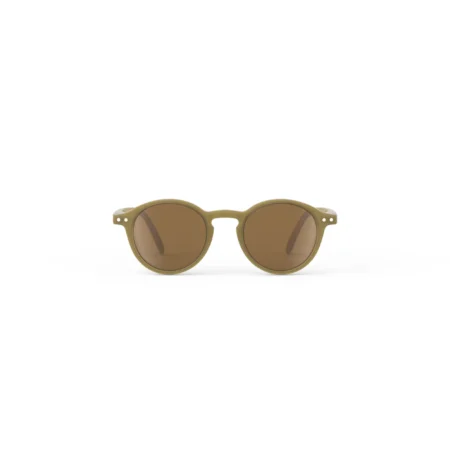 Brown round sunglasses with an olive-green frame on a white background
