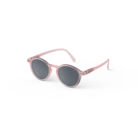 Pink round sunglasses with dark gray lenses on a white background.