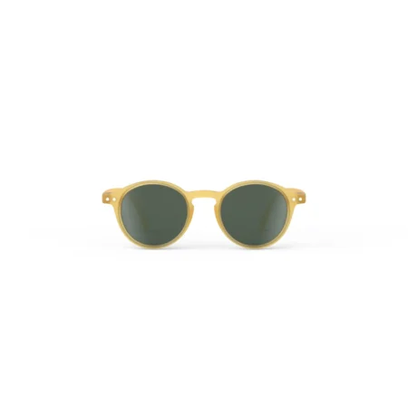 Yellow round sunglasses with dark green lenses, front view (product photo).
