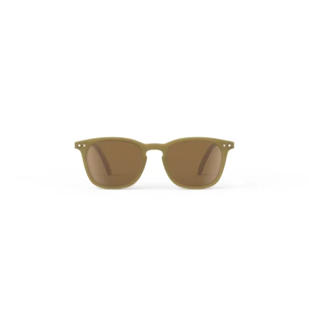 Brown rectangular sunglasses with matching brown lenses, front view showing subtle hinge rivets at the temples.