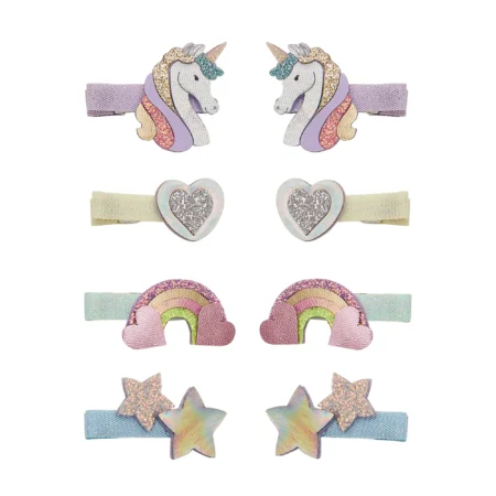 Set of pastel glitter hair clips featuring unicorn heads, hearts, rainbows, and stars.