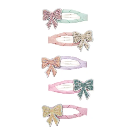 Pastel glitter bow hair clips arranged along braided elastic bands, decorative accessory for girls' hair