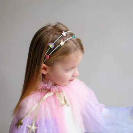 Profile of a young girl in a pastel pink-to-lavender tulle dress with a star-themed headband, looking to the side.