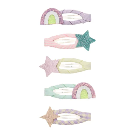 Colorful glitter hair clips in star and rainbow shapes, arranged in a vertical pattern for accessory display.