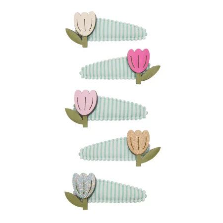 Five pastel-striped hair ties with decorative tulip flowers in cream, pink, light pink, peach, and glittery blue, arranged vertically on a white background.