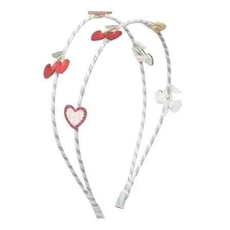 Heart-themed headband with red heart decorations on a white braided band. 2D view, festive accessory ideal for Valentine's Day.