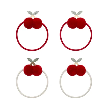 Set of four cherry-themed hair ties with red pom-pom cherries on elastic bands (two red, two white).