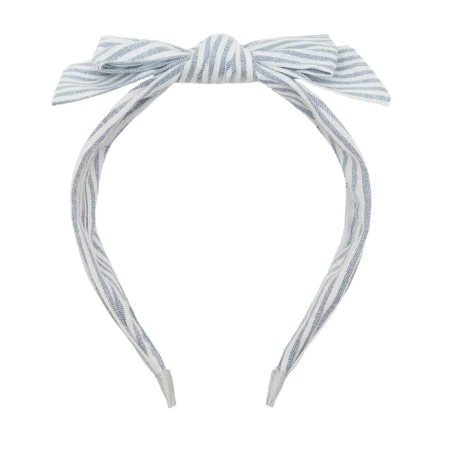 Striped fabric headband with a tied bow at the top, a white and blue hair accessory for girls or casual wear