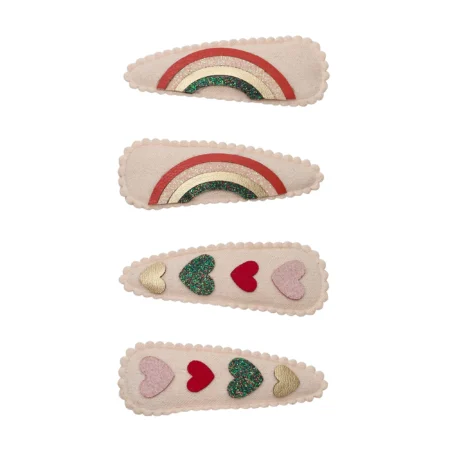 Beige scalloped fabric hair clip featuring a glitter rainbow and heart shapes.