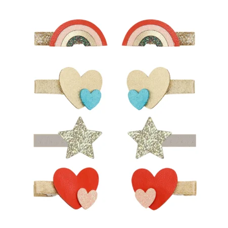 Symmetrical set of glittery craft charms: two rainbows, two beige hearts with blue hearts, two glitter stars, and two red hearts with small pink-beige hearts on strap clips.