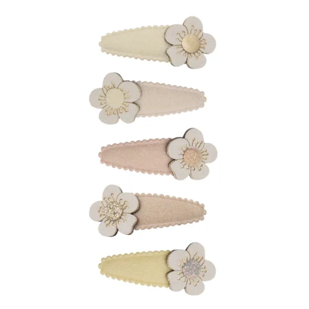 Beige fabric floral hair clips with scalloped edges and gold embroidery