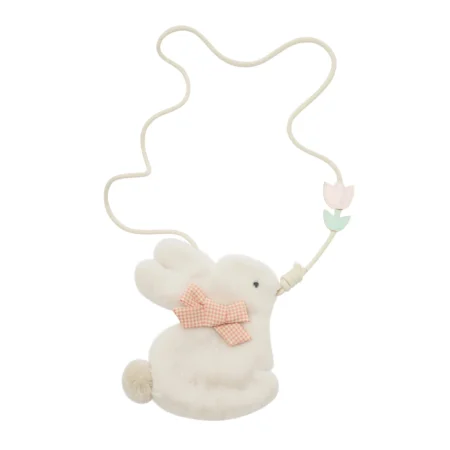 Soft white plush bunny holding pastel flowers on a string; decorative hanging bunny ornament with a pink gingham bow.
