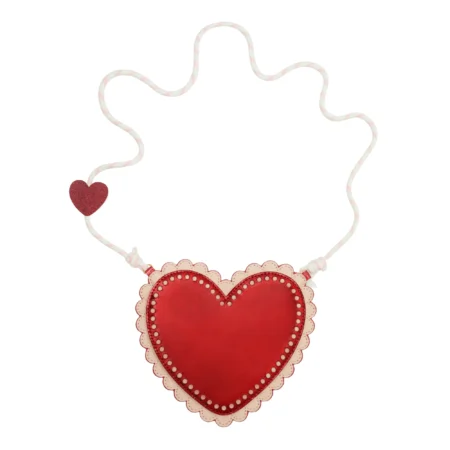 Red heart-shaped pendant necklace with a scalloped cream border and dotted edging, hung on a white cord with a small red heart charm near the clasp.