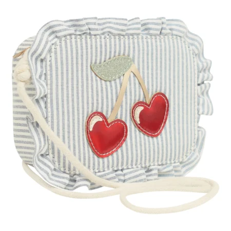 Small blue-and-white striped fabric purse with cherry-shaped appliqués and a long strap.