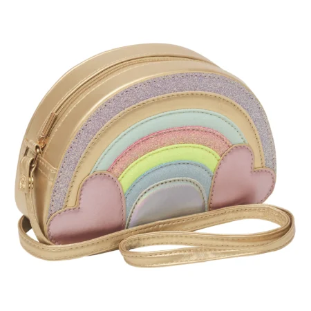 Gold metallic crescent-shaped purse with pastel rainbow arcs and a detachable strap. The bag features a gold zipper along the top edge and cloud-shaped corners at the bottom.
