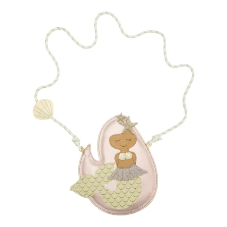 Pink shell-shaped purse with a cute mermaid illustration, starfish crown, and scalloped tail on a beaded strap.