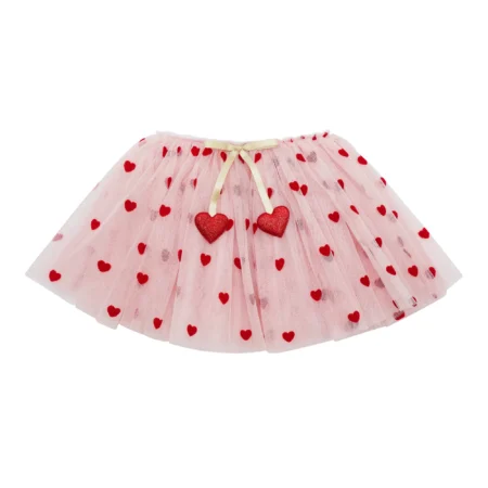 Pink tutu skirt with red hearts and a cream satin bow at the waist