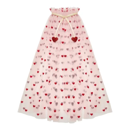 Floor-length pink tulle dress with red and pink heart patterns and a cream ribbon belt at the waist (kids' party gown).