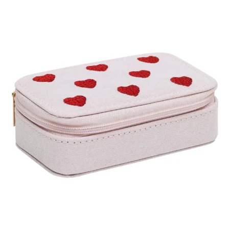 Pink fabric zip pouch with red heart patterns on the top surface.