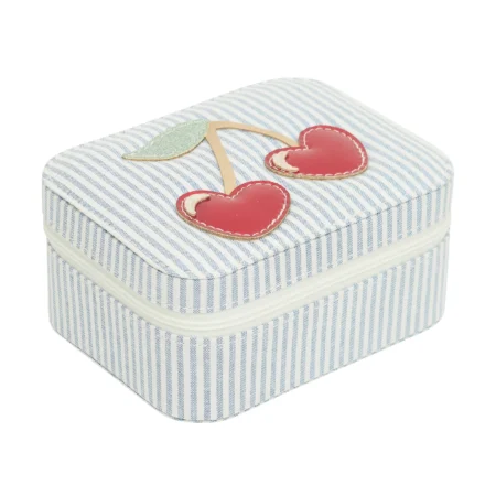 Blue and white striped fabric lunch box with red cherry appliqué on the lid, zipper closed.
