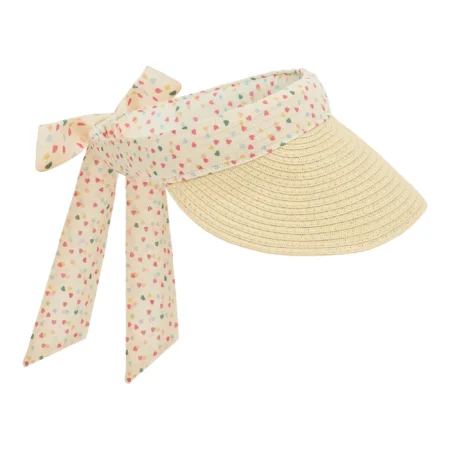 Cream-colored straw sun visor with a pastel, printed scarf tied in a bow around the band (fashion accessory).