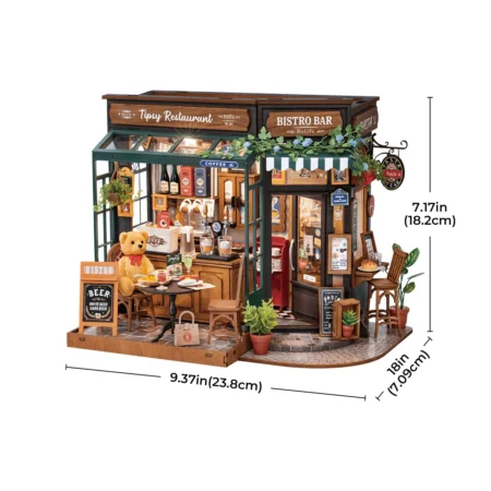 Miniature cafe storefront with a bear at a table, shelves of bottles, and outdoor seating in a cozy bistro setting.
