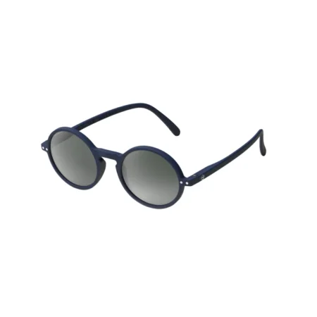 Round blue sunglasses with gray lenses, fashion eyewear.