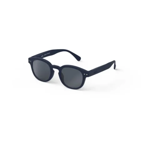 Navy sunglasses with dark gray lenses and rounded frames on a white background, angled to show the side arms