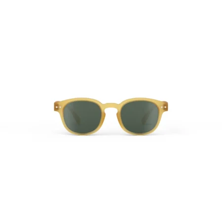 Yellow sunglasses with dark green lenses centered on a white background, fashion eyewear product.