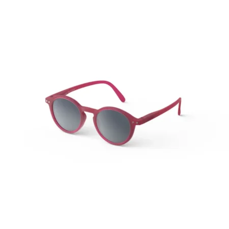 Pink round sunglasses with gray lenses on a white background.