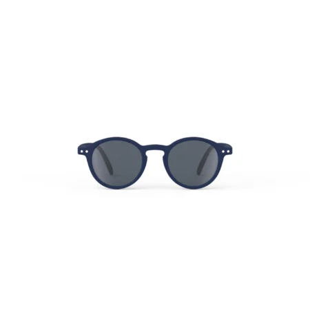 Blue round sunglasses with dark lenses on a white background.