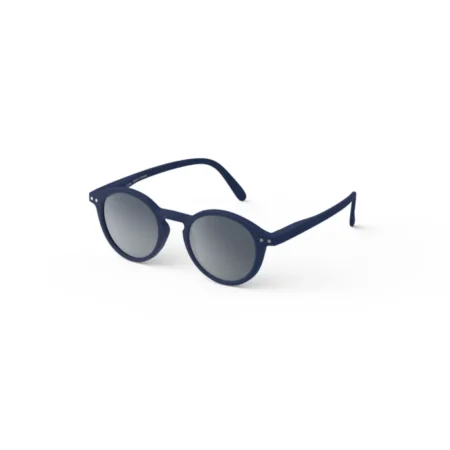 Blue round sunglasses with dark lenses on a white background