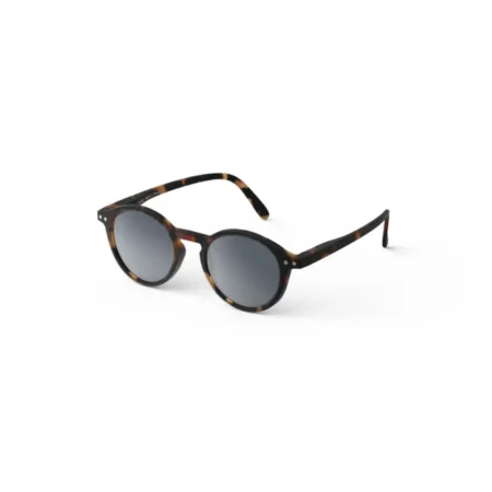Tortoiseshell round sunglasses with dark gray lenses on a white background.