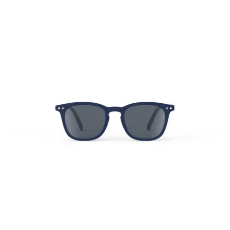 Front view of blue-framed sunglasses with dark lenses on a white background.
