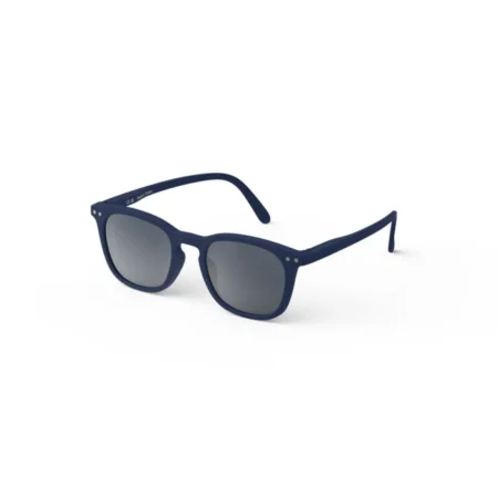 Blue wayfarer sunglasses with gray lenses on a white background.
