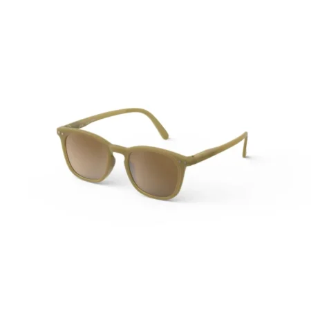 Olive-green sunglasses with brown lenses on a white background, rectangular frames.