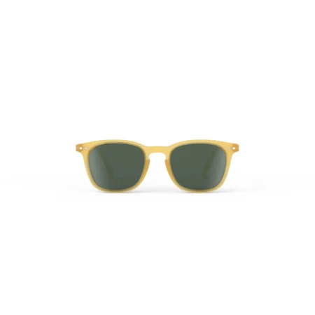 Yellow wayfarer-style sunglasses with dark lenses on a white background.