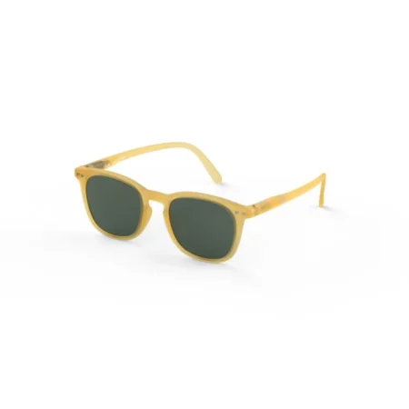 Yellow-framed sunglasses with dark lenses on a white background.