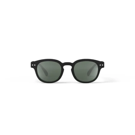 Black wayfarer-style sunglasses with dark green lenses, front view on a white background