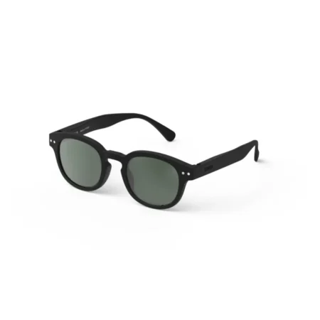 Black sunglasses with rounded square lenses and slim black arms on a white background