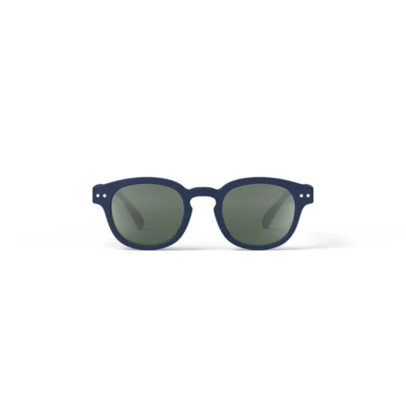 Navy blue sunglasses with dark green lenses on a white background.