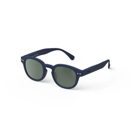 Blue sunglasses with green lenses on a white background, shown from a slight angle (product photo).