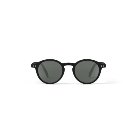 Black round sunglasses with dark lenses on a white background (front view)