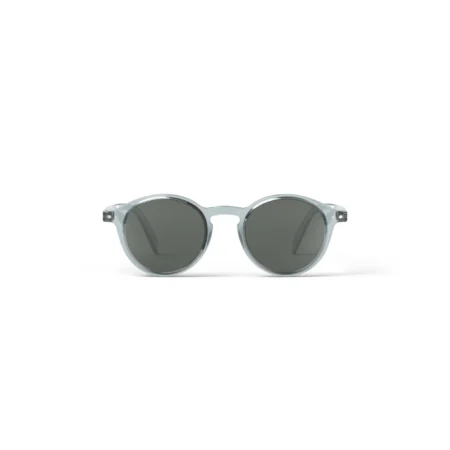 Round sunglasses with a translucent light-blue frame and dark lenses on a white background.