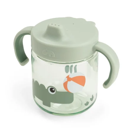 Green crocodile-themed sippy cup with two side handles and a spill-proof lid for toddlers (plastic, transparent body).
