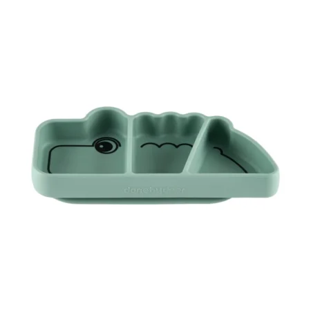 Mint green three-compartment silicone plate for kids with rounded animal-shaped sections and simple inner drawings.