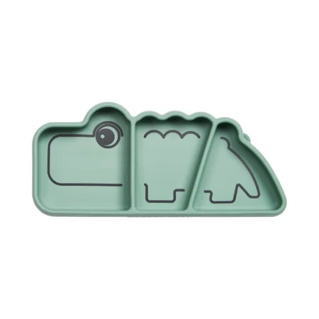 Mint-green dinosaur-shaped divided snack tray with three compartments for food storage or serving kids' snacks.