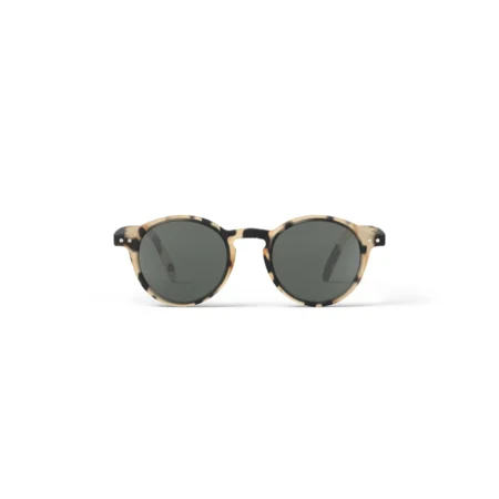 Round tortoiseshell sunglasses with dark lenses, front view